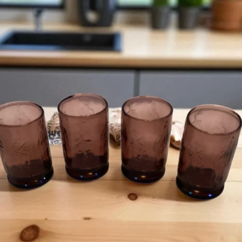 Vintage Wheaton Amethyst Purple Juice Glass Colonial Soldier Pattern Set Of 4